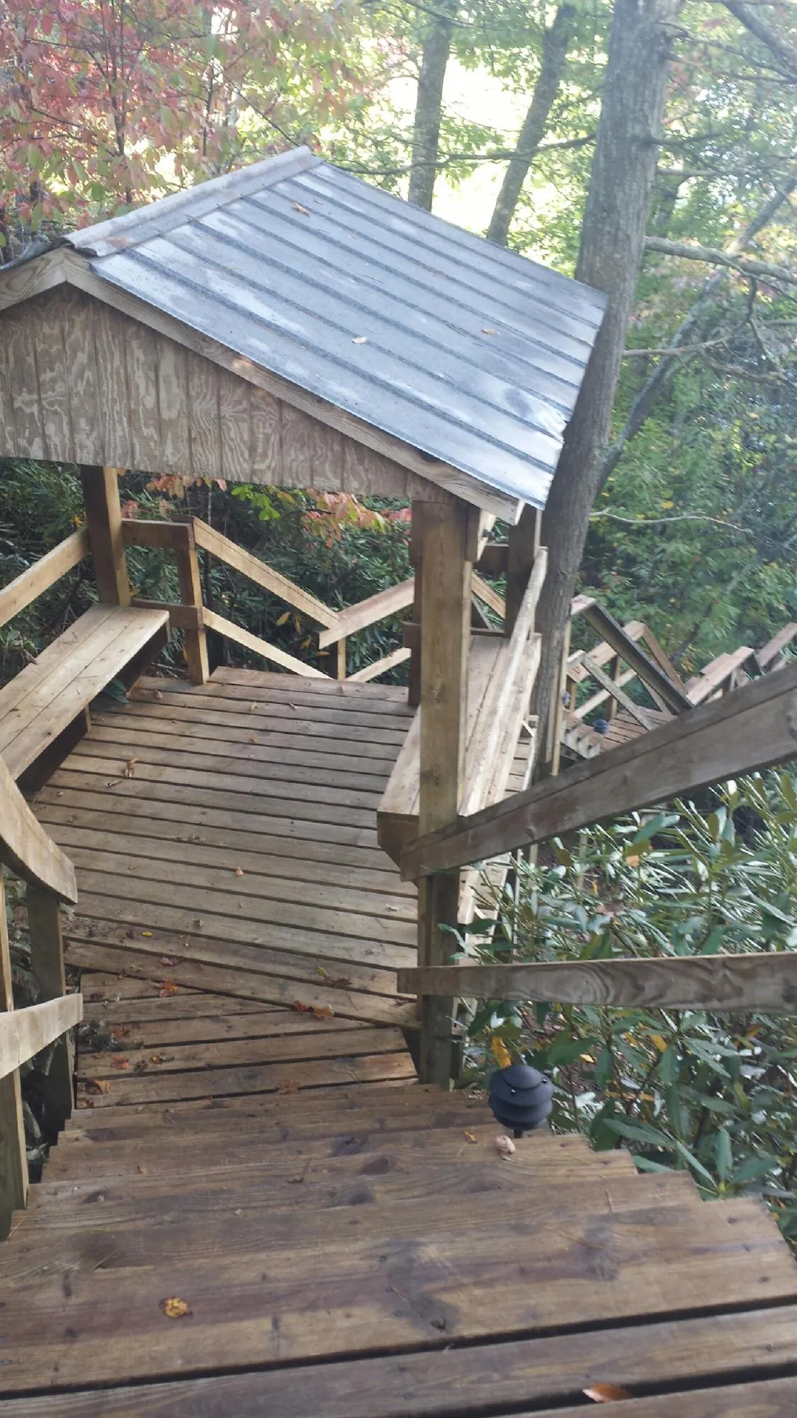 Metal roofed shelter over wooden steps on a wooded walkway — Skylight Repair & Installation work by our crew in Silverlake